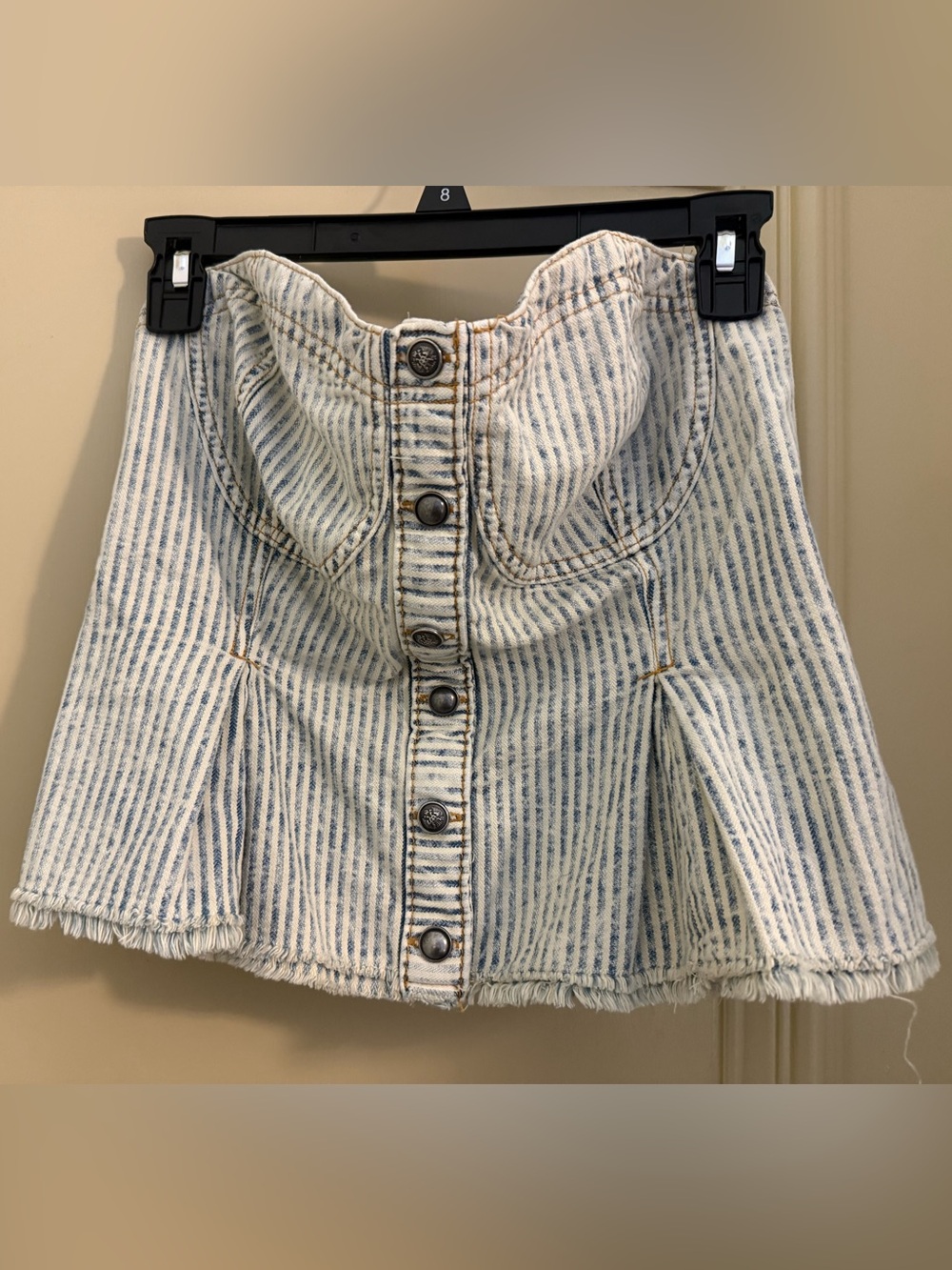 Womens Pilcro Striped Button-Front White and Blue Denim Top Sweetheart Neckline